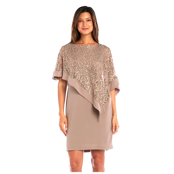 R&M Richards Metallic‎ Sequin Asymmetric Lace Capelet Poncho Popover Dress - Picture 2 of 9